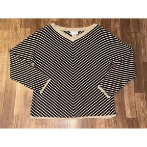 Talbots Collection Silk Blend Chevron Striped V-Neck Sweater Navy Tan XL